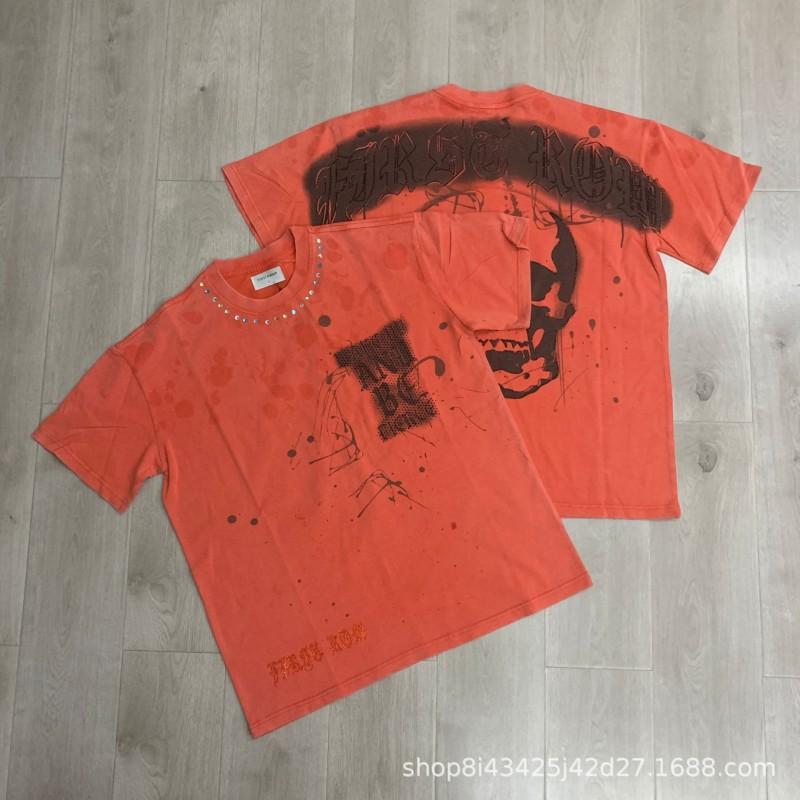Unisex Oversized Box Fit Cotton Tee With Embroidered Rhinestone Washed Print Round Neck Short Sleeve Casual Top