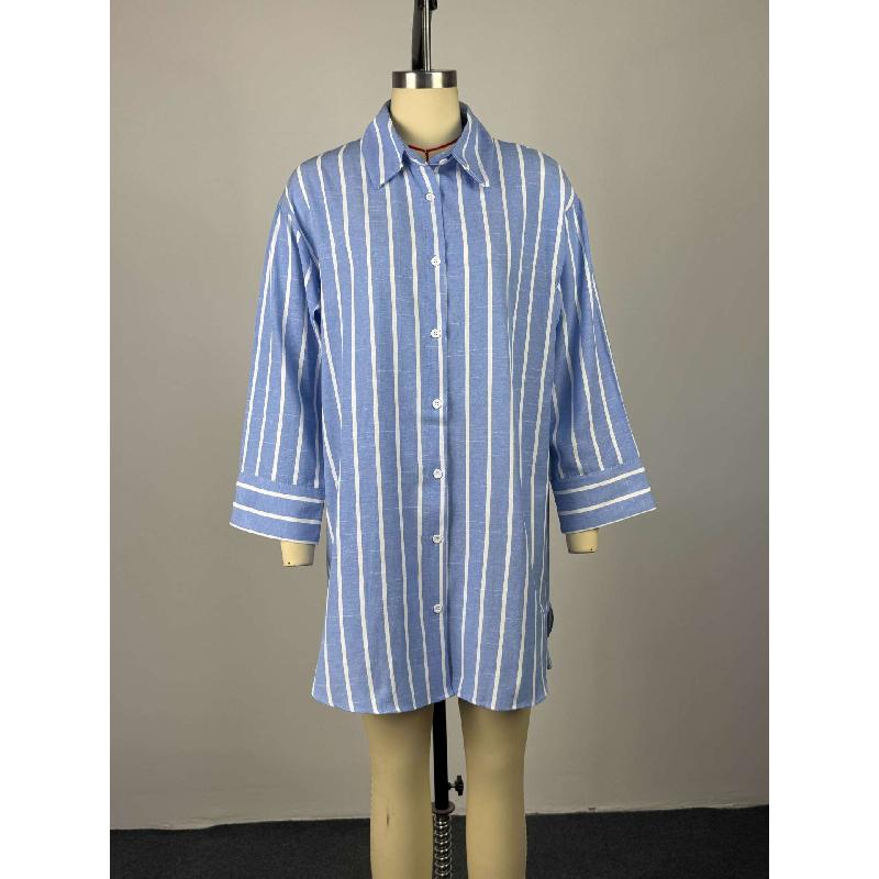 Women's 2026 Summer New Fashionable Turn-down Collar Buttoned Loose Striped Long Sleeve Mid-length Shirt