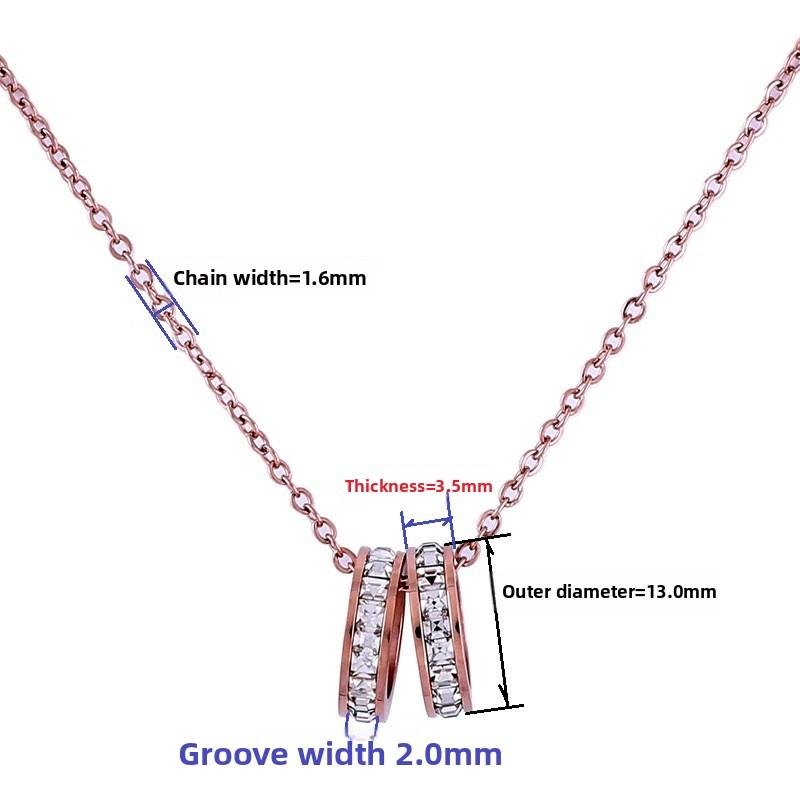 Rose Gold Double Ring Diamond Stainless Steel Necklace Pendant Sticky Diamond Pendant Bag Chain Titanium Steel Necklace Internet Celebrity Jewelry