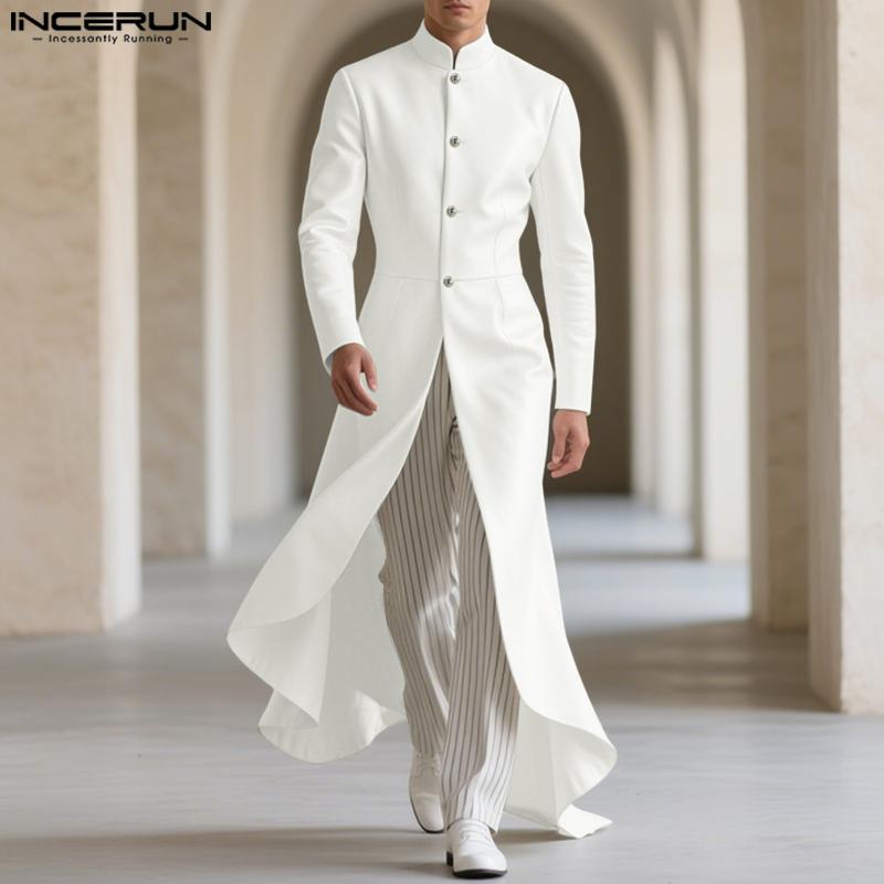 INCERUN Men Stand Neck Long Sleeve Pleated Split Irregular Long Tunic Tops