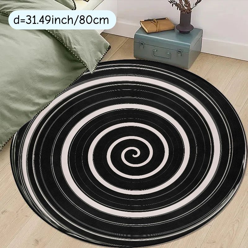 Черно-белый круглый ковер со спиральным узором Современный минималистичный коврик из фланели для гостиной, кабинета Геометрический, нескользящий, моющийся ковер 60cm