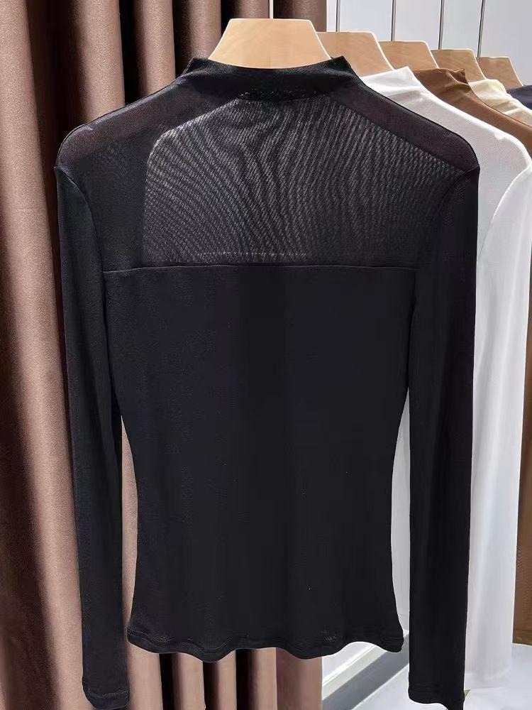 Women's Semi-High Neck Lace Mesh Top - Solid Color, Early Autumn 2025 Collection.