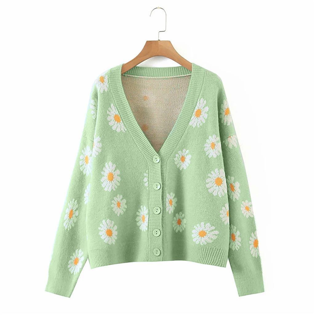 Women's  And Winter Fashion Flower Cardigan Sweater V-neck Long-Sleeved Sweater Women
