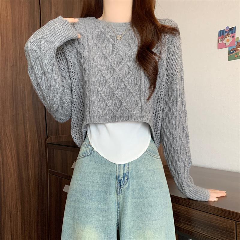 

Топ ромбовидной формы с круглым вырезом, короткий, женский, маленький, с длинным рукавом, в стиле колледжа, однотонный пуловер, вязаный свитер, женский, весна и осень 2044-48 (average size) серый