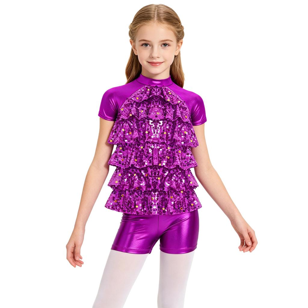 Girls Jazz Dance Costume Mock Neck Short Sleeve Tiered Ruffle Cutout Top Metallic High Waist Shorts Set