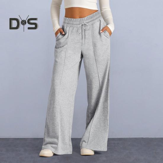 Women Sweatpants Elastic Mid-rise Adjustable Drawstring Straight Wide Leg Jogger Athletic Pants with Pockets Loose Fit Yoga Trousers