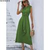 MODIQUE 2025 Summer Plus Size New Women's Casual Solid Color Off Shoulder Elastic Waist Sleeveless O-Neck Long Dress