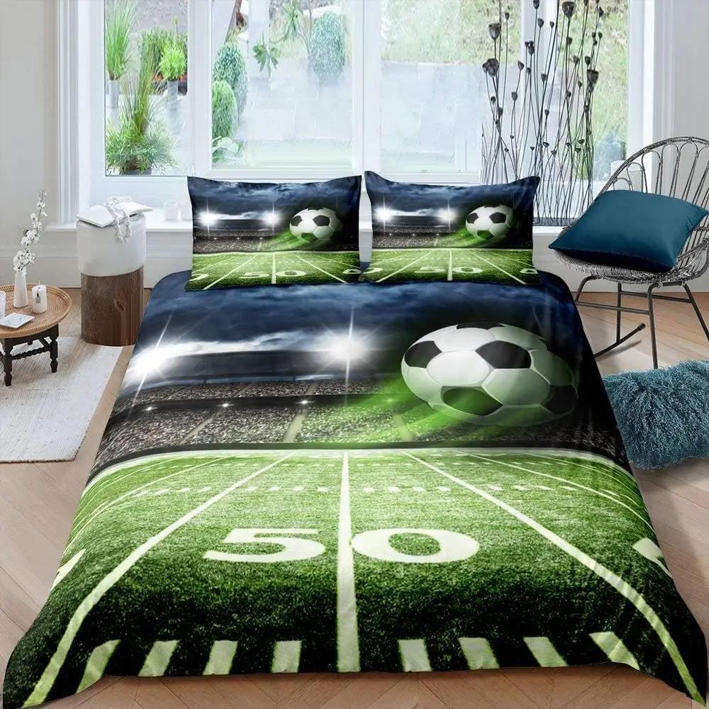 Soccer Comforter Cover For Boys Girls Vintage Football Duvet Cover Twin Black Football Field Bedding Sets Sports Theme Bed Set