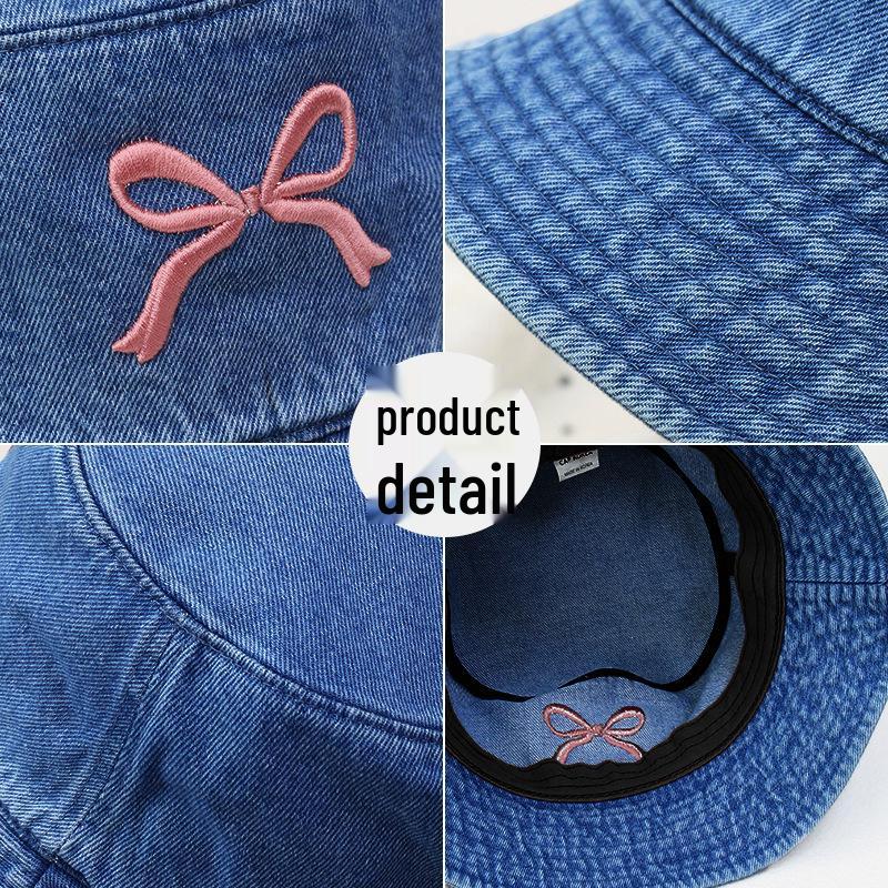Women's Spring/Summer Bowknot Denim Fisherman Hat - Casual & Versatile Outdoor Sun Hat