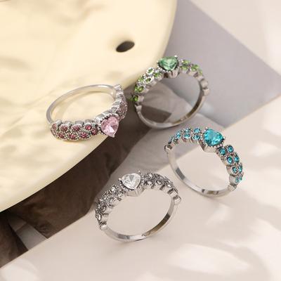 Wish Hot Sale, Blue Ocean Heart Imitation Zircon Ring, Heart Shaped Peach Heart Ladies Ring