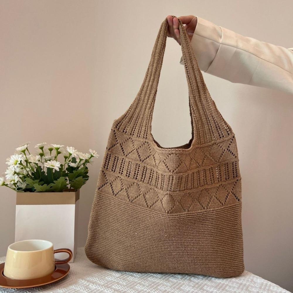 Simple Look Diamond Pattern Tote Bag Hollow Out Solid Color Woven Handbag Retro Style Knit Fabric Knitted Bag Women
