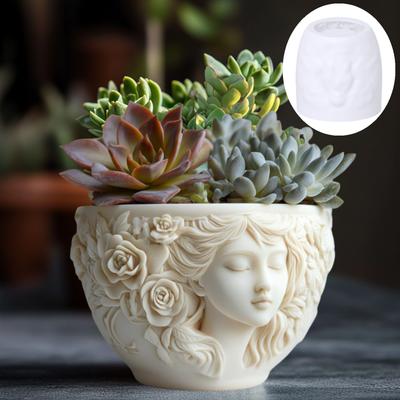 Goddess Relief Round Succulent Plant Flowerpot Resin Silicone Mould Long Haired Rose Woman Flowerpot  Storage Box Gypsum Molds