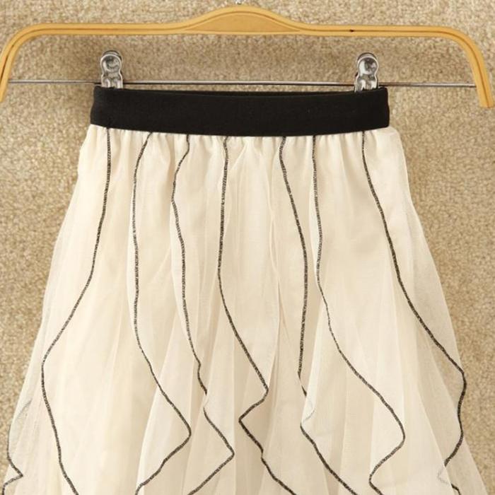 Women Spring Fall High Waist All Match Irregular Ruffle Mesh A Line Skirt