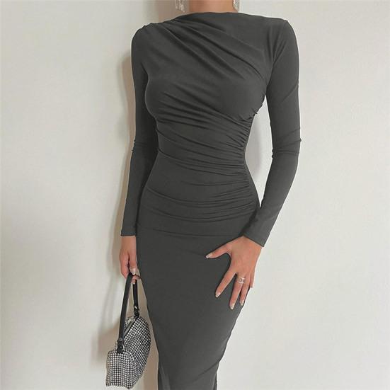 Bodycon Dress for Women Mock Neck Long Sleeve Midi Dress Ruched Slim Fit Party Cocktail Formal Dress Fall Wedding Guest Dress
