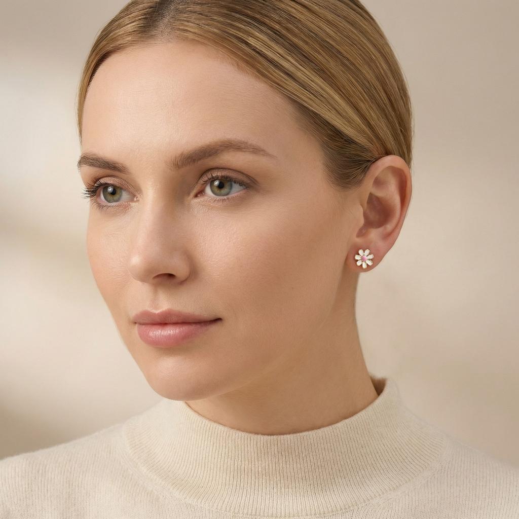 Sunflowers Enameled Small Stud Earrings, Stainless Steel Daisy Earrings For Women, Floral Hypoallergenic Piercing Jewelry
