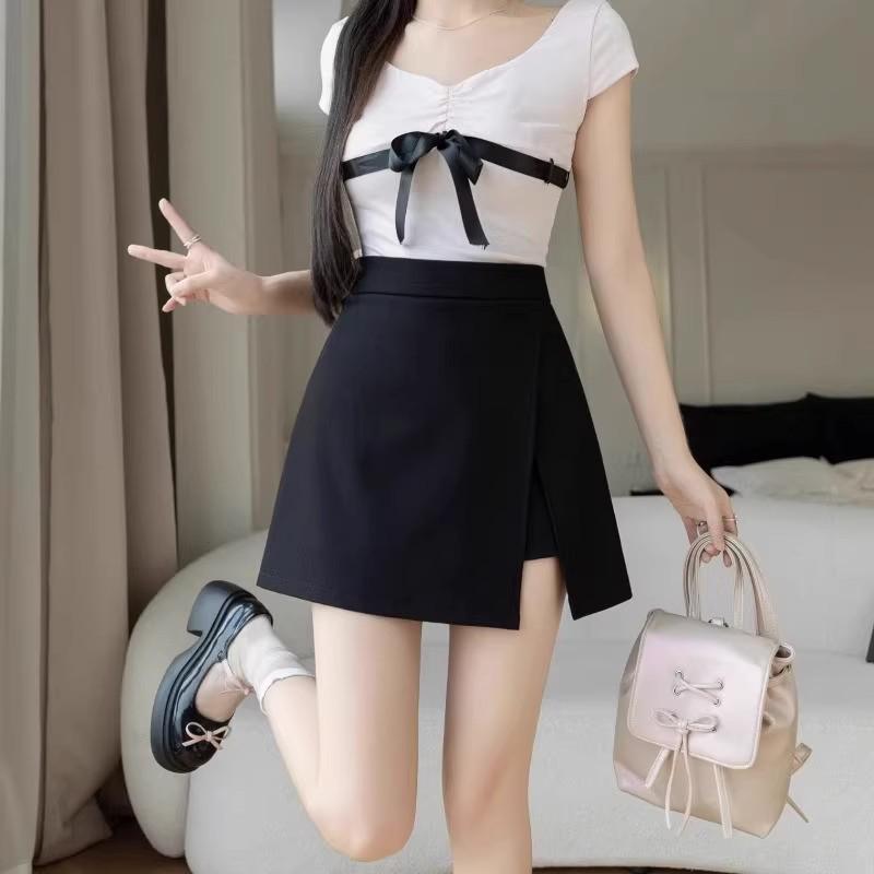 

2025 Summer Women s High Waist Petite A-Line Slit Midi Skirt 3XL чорний