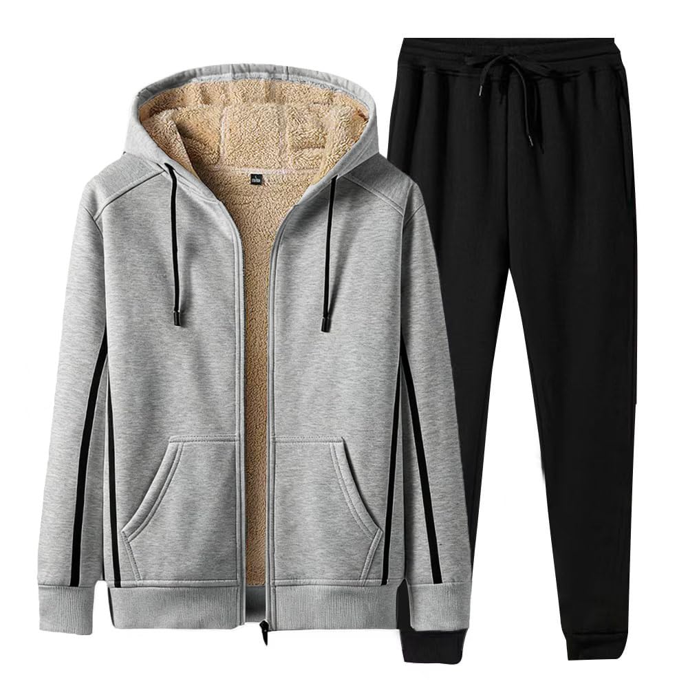 

Breelay Winter Hoodie and Pants Long Casual Size Winter Men s Set, Fleece-Lined Jersey, Sleeve, Thick, Warm, Hooded, Zip-Up Hoodie, Outerwear, Gray,