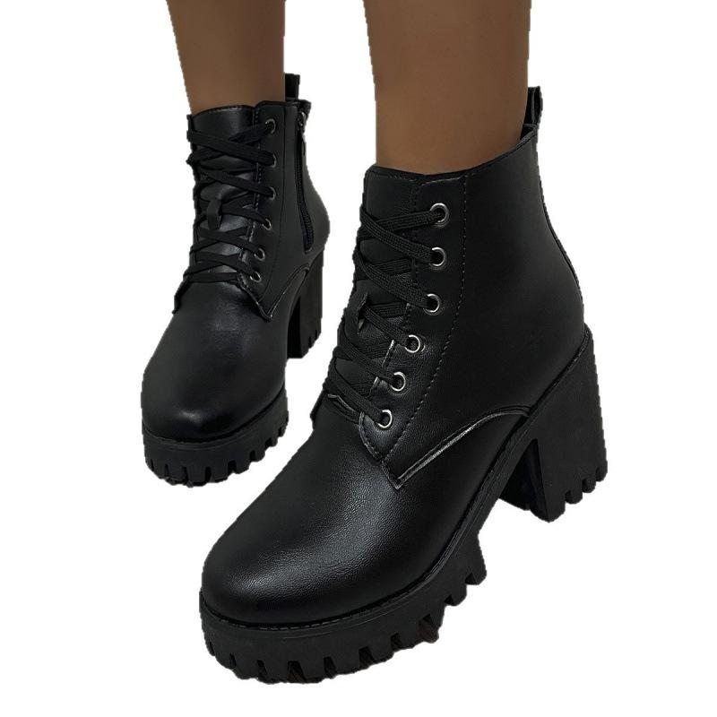 Large size boots autumn new British style round head zipper thick sole medium tube thick heel black Martin boots