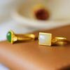 Gold-Plated Green Square Hetian Jade Flower Ring - Elegant, Simple Design