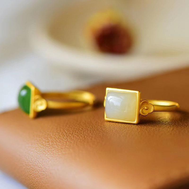 Gold-Plated Green Square Hetian Jade Flower Ring - Elegant, Simple Design
