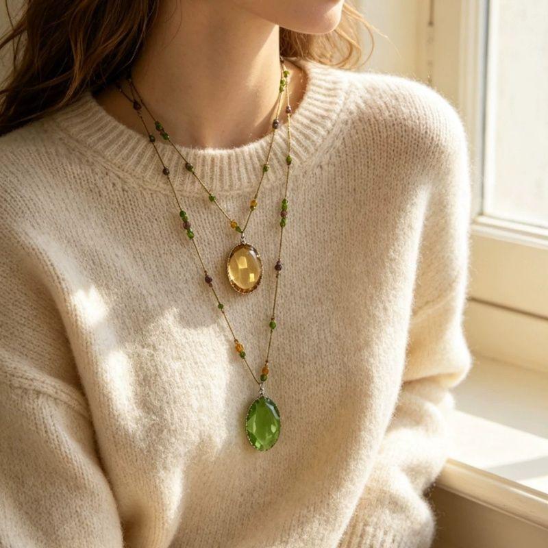 Statement Big Oval Long Pendant Necklace For Women Creative Green Champagne Color Sweater Chain