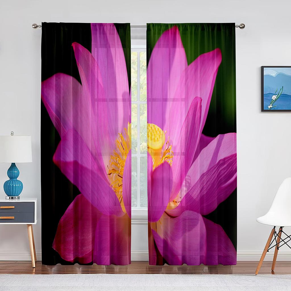 Lotus Flower with Pinkish Petals Water Lily Green Tulle Curtains for Living Room Bedroom Kitchen Chiffon Sheer Curtain Drapes