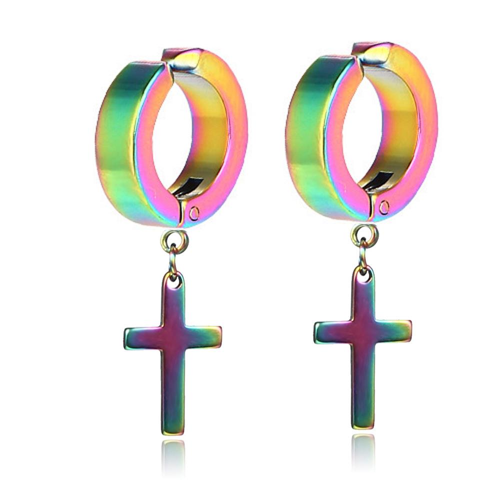 WKOUD 2PCS Stainless Steel No Piercing Cross For Men Kpop Clip On Cross Earring Gothic Punk Fake Ear Cuff Cross Earring Dangle