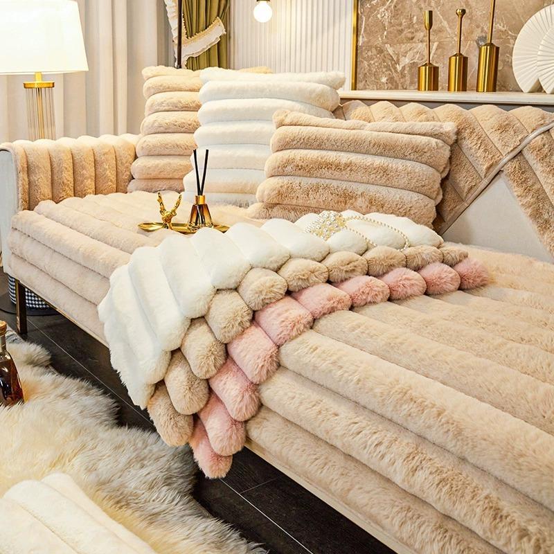 Anti Cat Scratch Rabbit Plush Sofa Cushion Couch Winter Thick Striped Sofa Cover New Plush Seat Mat Sofas Towel Cloth Towel