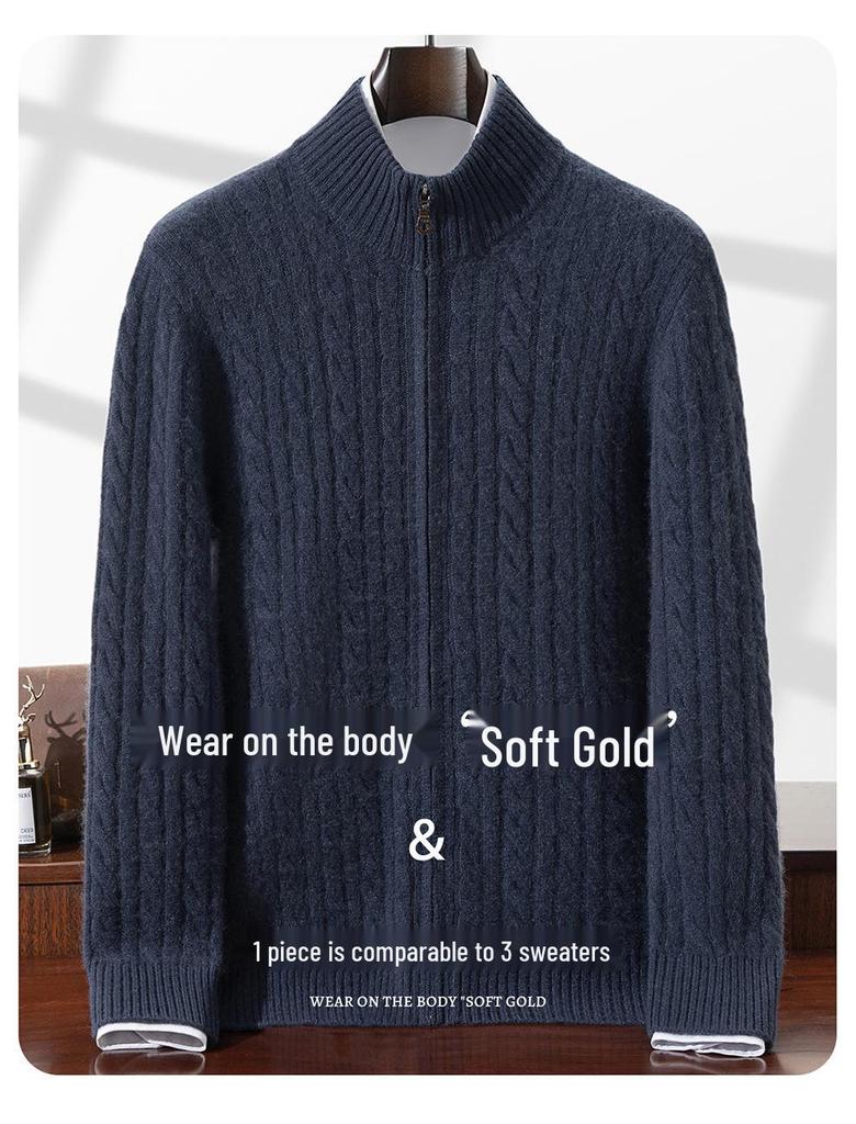 Men's Autumn/Winter Cashmere Cable Knit Zipper Cardigan Sweater, Half-High Collar, Plus Size