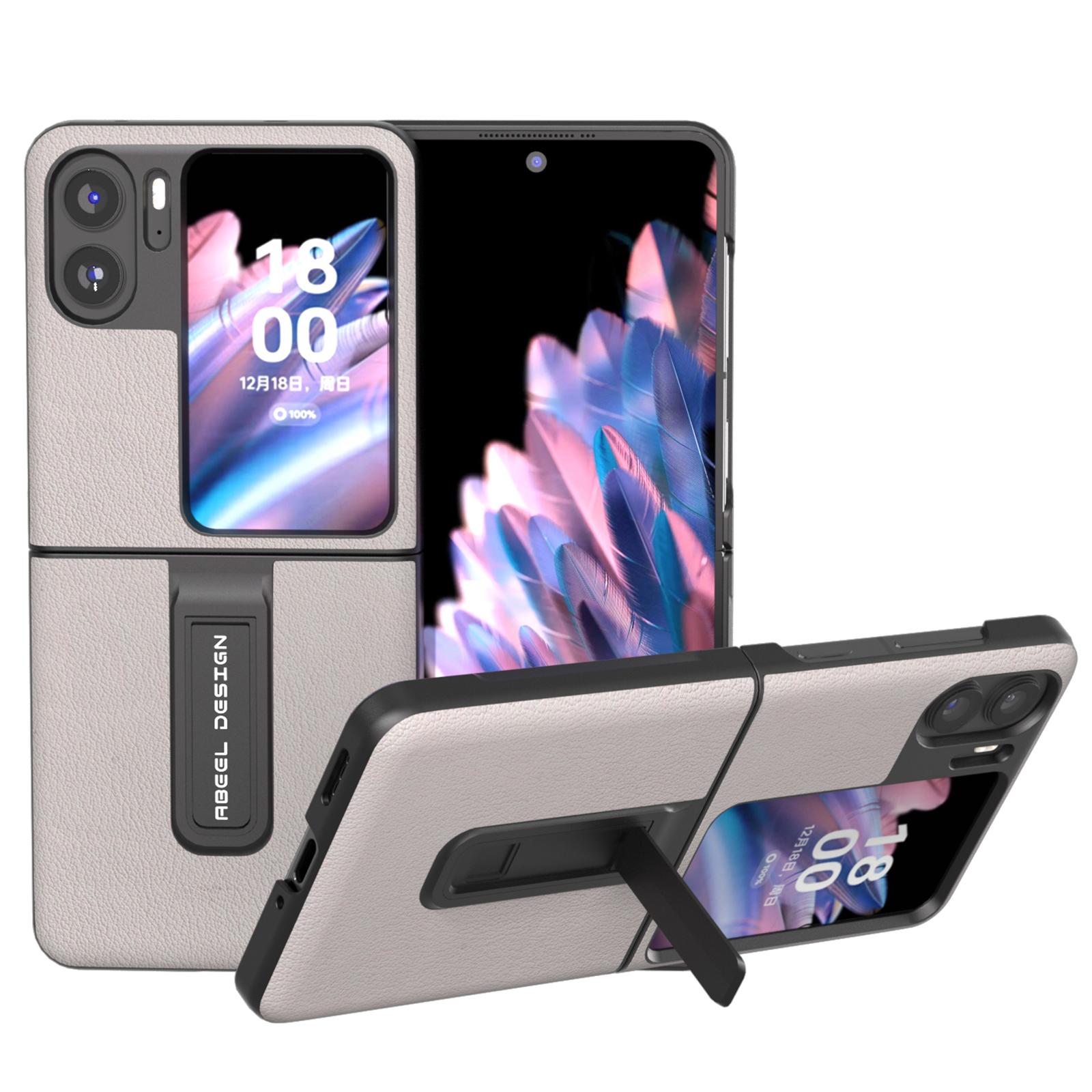 

ABEEL Для Oppo Find N2 Flip 5G Чехол-подставка для телефона Натуральная коровья кожа+ПК Противоударная накладка Grey