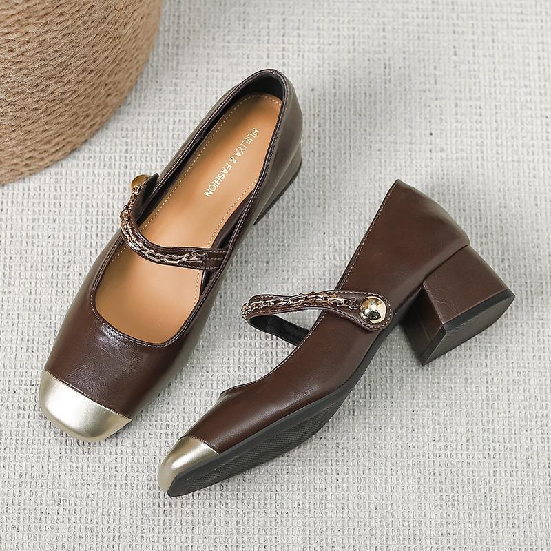 

Женские туфли-лодочки на среднем каблуке, новинка 2025 года, на толстом каблуке, с темпераментным круглым носком и неглубоким вырезом, универсальные для работы, на высоком каблуке, W801-1 40