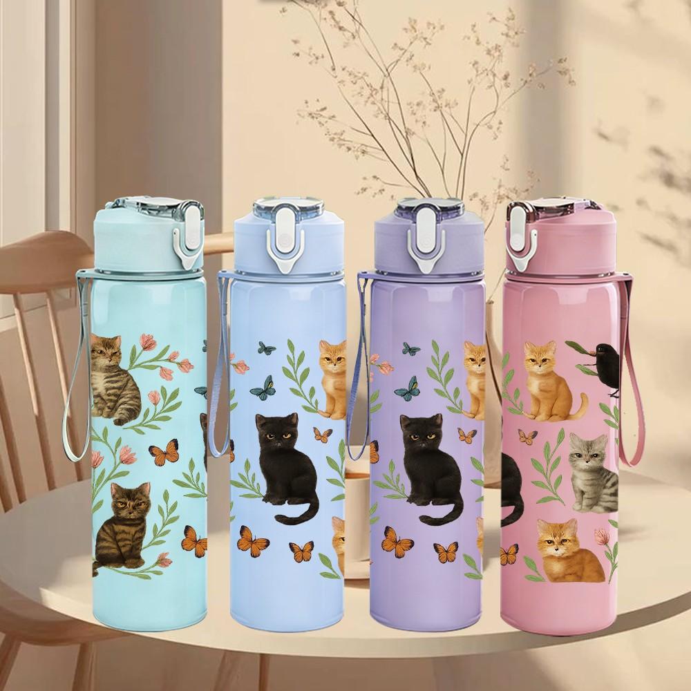 1PC Mixed Breed Cats Floral Grid 750ml Color Plastic Sports Water Bottle Leakproof Flip Straw Lid For Sports Office Home Use