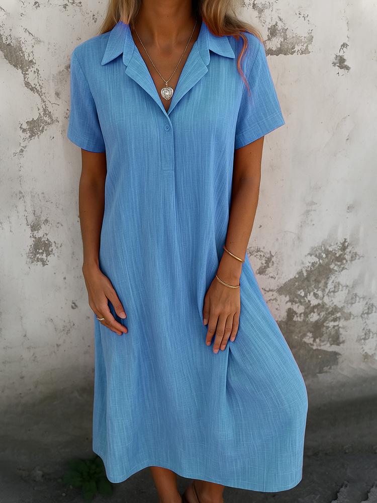 

2026 Casual Spring/Summer Loose V-Neck Short Sleeve Solid Cotton Linen Shirt Dress XL небесно-голубой