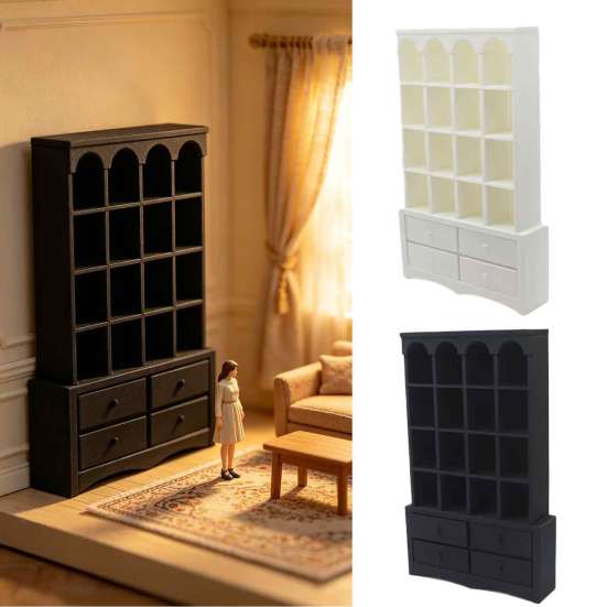Figures Display Case Miniature Dollhouse Bookcase, 1:12 Scale Retro Arched Cabinet with Drawers, Sand Table Landscaping Props Matte Black Simulation