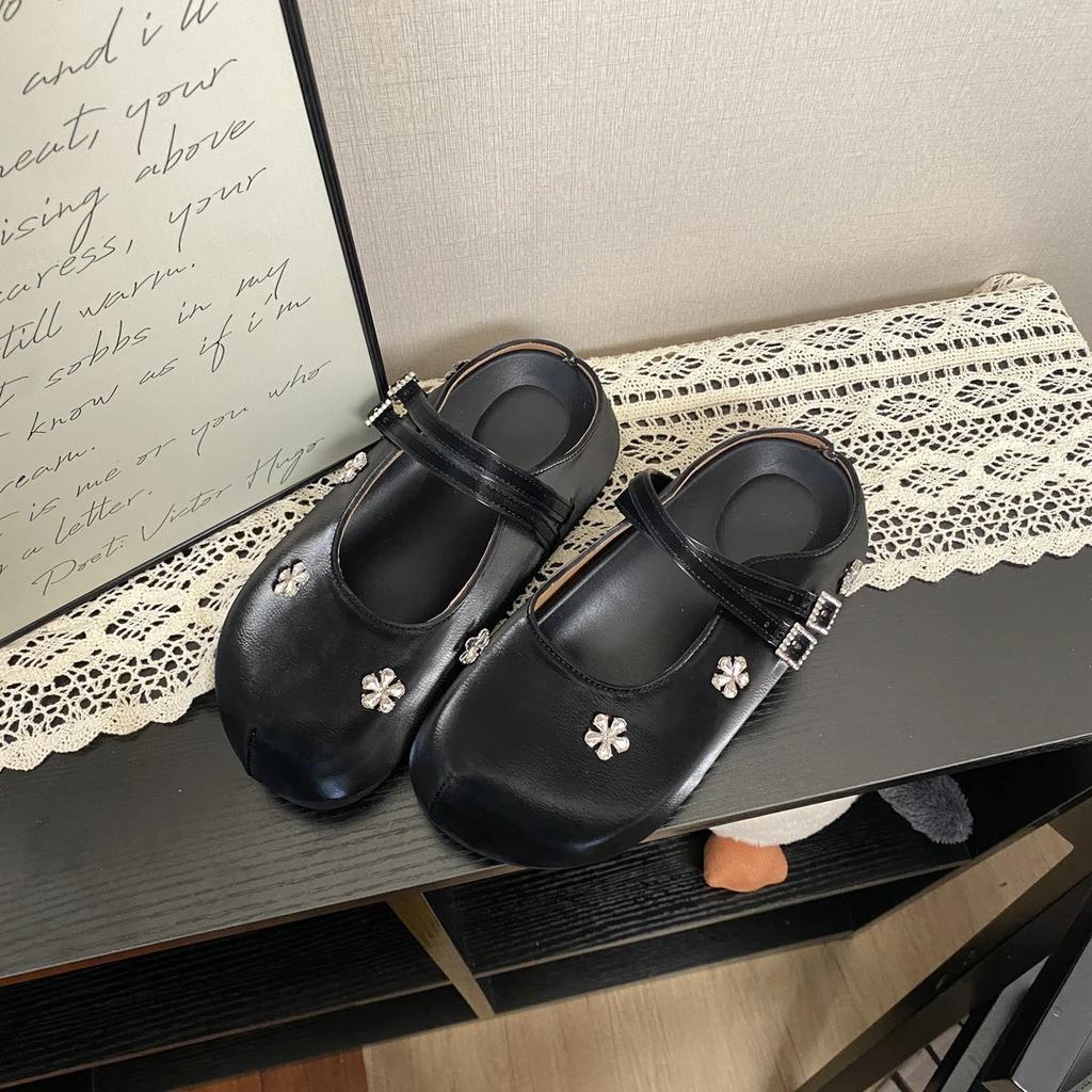 Spring 2025 new fashionable rhinestone flower bag head half drag inner height increase flat bottom round head solid color