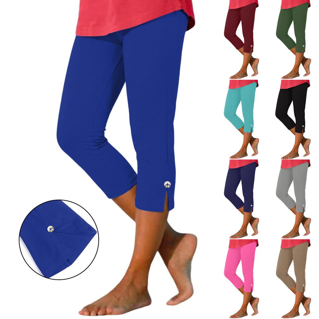 Women's Summer Fashion Color Elastic Waist Sports Yoga Button Casual Cropped Pants