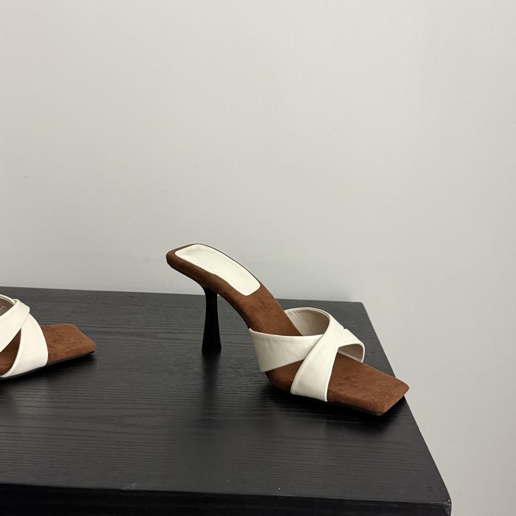 European and American style square head cross belt color matching one-word slippers 2025 summer new open-toed stiletto high-heeled cool slippers