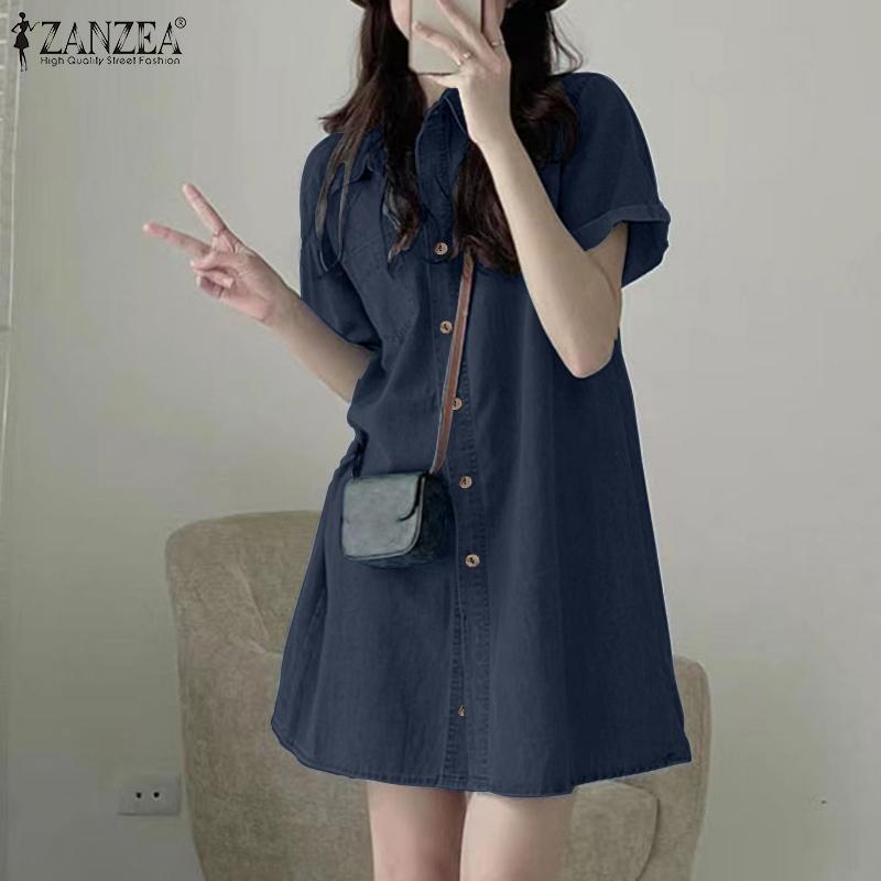 ZANZEA Vestido camisero informal de verano de manga corta con cuello vuelto para mujer