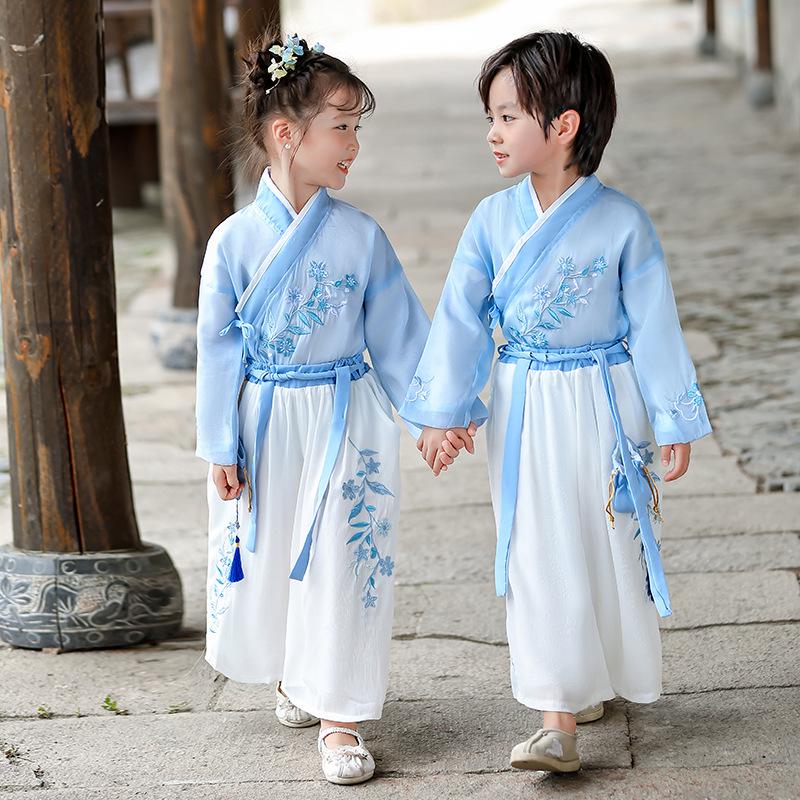 Kids' Hanfu Autumn Performance Costume Set: Tang Suit Robe & Pouch for Boys and Girls (2023)