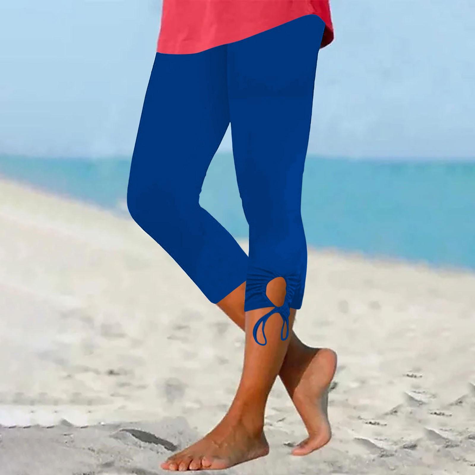 

Women Capri Leggings with Adjustable Drawstring Hem Soft Stretchy Fabric Comfortable Fit Cropped Pants for Daily Wear Yoga and Exercise XXL синий