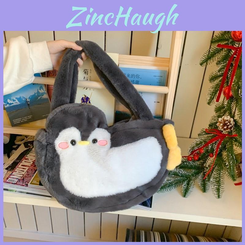 Soft Faux Fur Penguin Shoulder Bag With Magic Tape Closure For Casual Outings