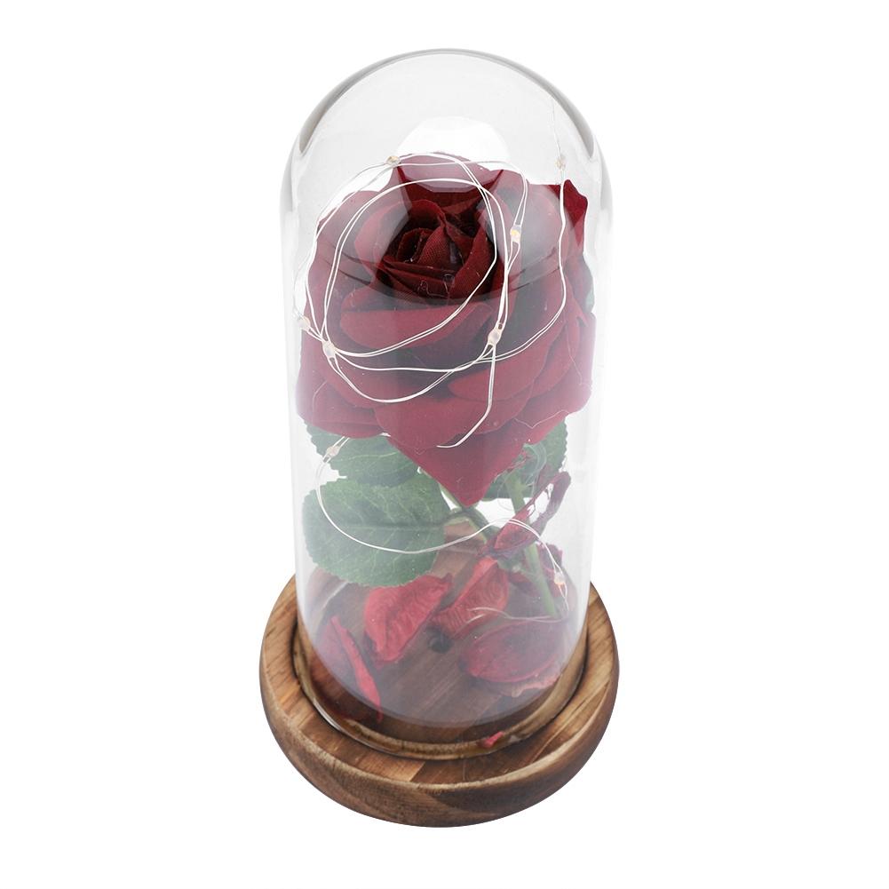Preserved Rose Flower LED Light with Glass Cover & Wooden Base Valentines Day Wedding Gift Red