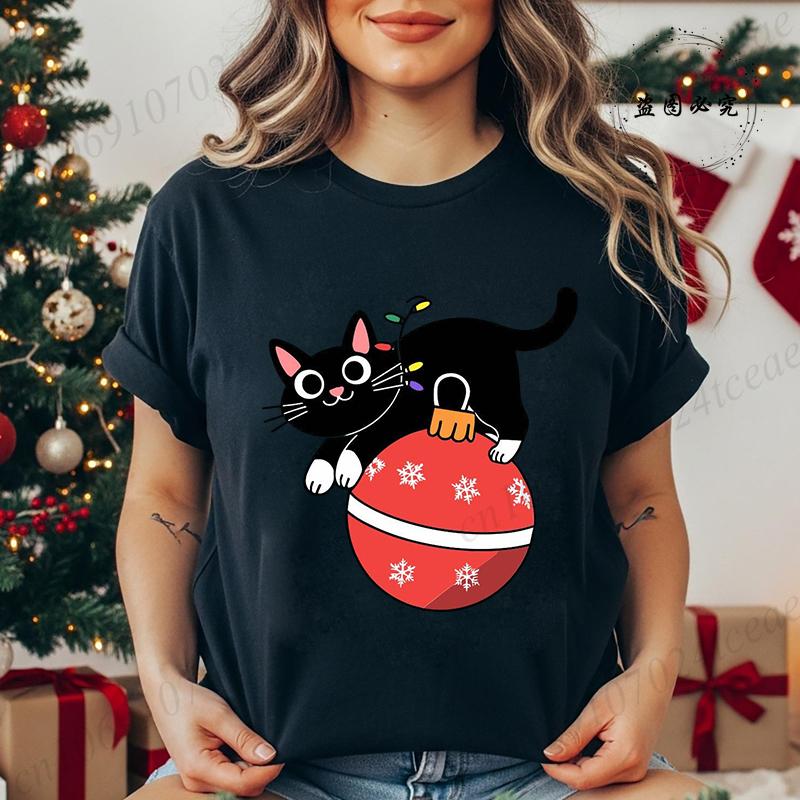 Kitten Xmas Tree Unisexs Casual TShirt Black Cat Christmas Graphic Print TShirts Tops Meowy Xmas Lights Novelty TShirt Tops