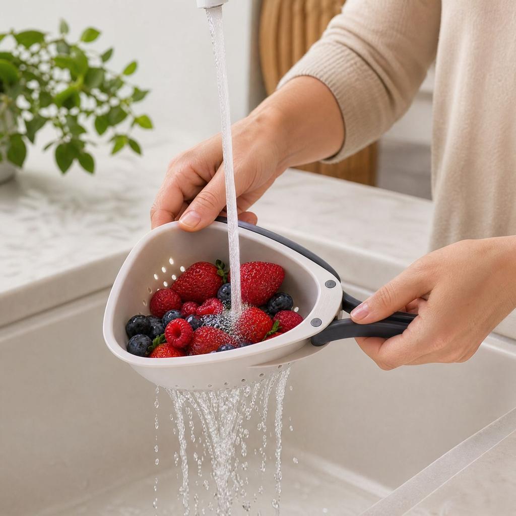 Triangular Kitchen Colander and Vegetable Washing Basket with Handle and