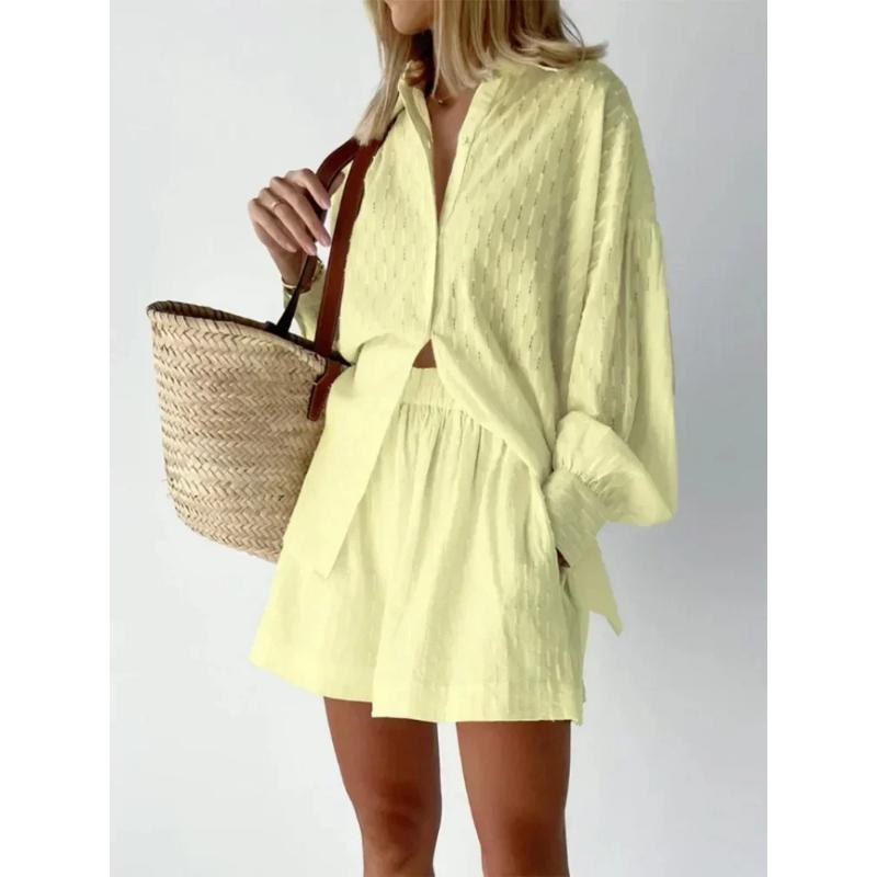 Casual Loose Women Short Two Piece Set Suit Fashion Blouse Long Sleeve Shirt Lady Simple Style Shorts Streetwear Blouse Tops