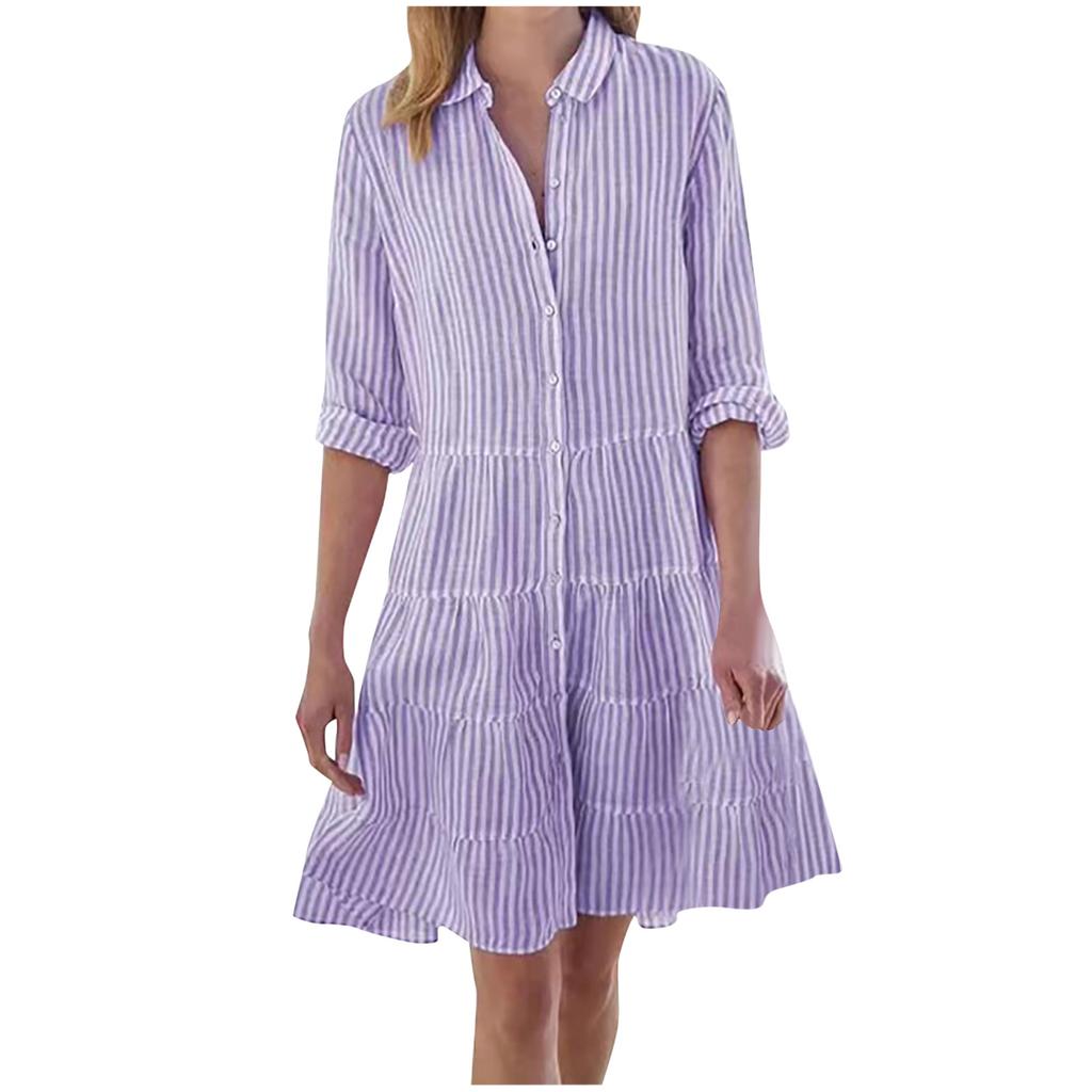 Y2K Women Striped Long Sleeve Mini Dresses Commuter Lapel Single-Breasted Shirt Dress Fashion Hem A-Line Party Dress