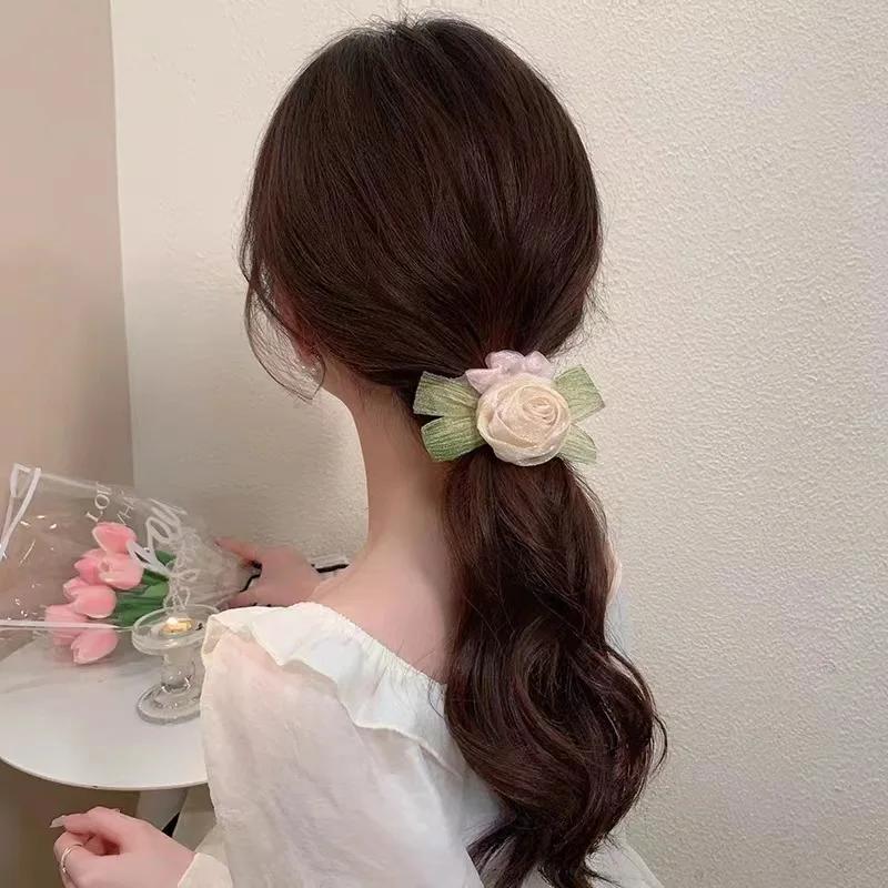 Haargummi mit süßer Rosenblume für Damen, großes Haarband aus Netzgewebe, einfacher Haarschmuck für Mädchen, Haargummi, Haarhalter für Pferdeschwanz