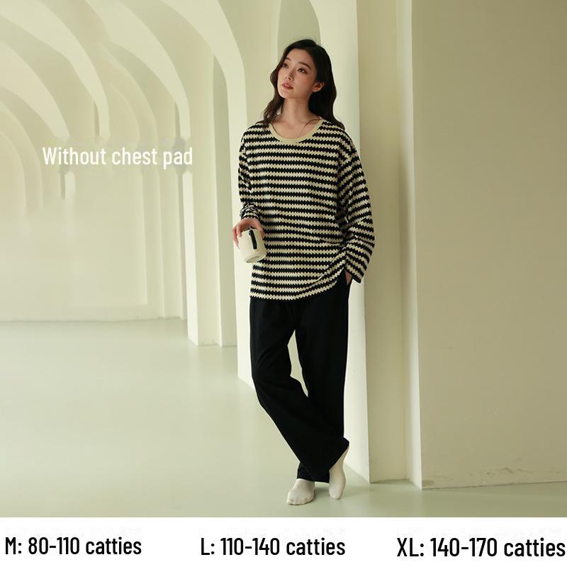 

Женский пижамный комплект из чистого хлопка с длинными рукавами и нагрудными накладками — большой размер, весна/осень 2025 г. M for 80-110 jin