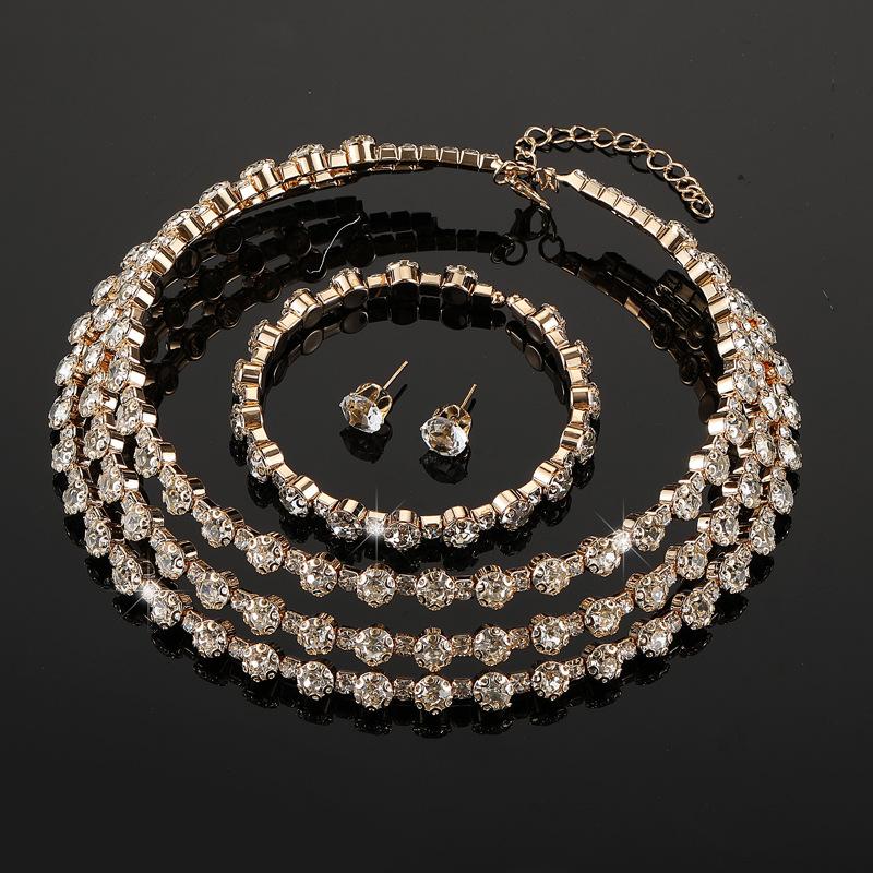 Bridal Diamond Collar Set Jewelry Full Diamond Crystal Necklace Earrings Bracelet Three-piece Set