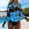 Women Long Sleeve One Piece Swimsuit Zip Front  Flower  Print Rash Guard Surfing Bathing Suit